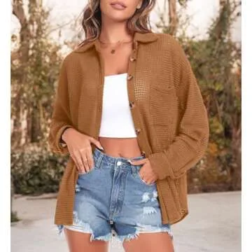 Anyhold Women's Waffle Knit Shacket Jackets Plus Size Button Down Shirts Fall Long Sleeve Casual Dressy Tops Medium, Brick Red