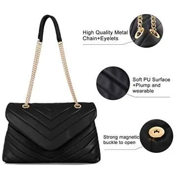 LMKIDS Quilted Crossbody Bags for Women, Trendy Roomy Shoulder Handbags with Flap Gold Hardware Chain Purses Shoulder Bag (Black)