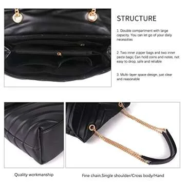 LMKIDS Quilted Crossbody Bags for Women, Trendy Roomy Shoulder Handbags with Flap Gold Hardware Chain Purses Shoulder Bag (Black)