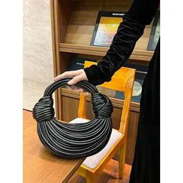 Tngan Women Woven Handbag PVC Leather Satchel Creative Noodles Style Fashion Crossbody Bag, Black
