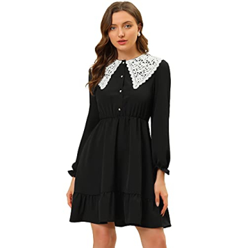 Allegra K Women's Vintage Ruffle Hem Dresses A-Line Crochet Peter Pan Collar Dress X-Large Black