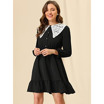 Allegra K Women's Vintage Ruffle Hem Dresses A-Line Crochet Peter Pan Collar Dress X-Large Black