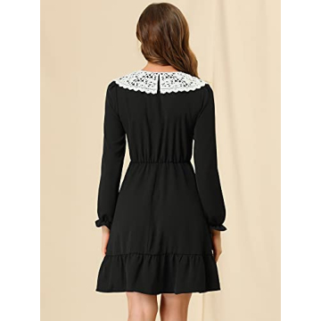 Allegra K Women's Vintage Ruffle Hem Dresses A-Line Crochet Peter Pan Collar Dress X-Large Black