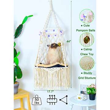 KARCEEY Hanging Cat Hammock Bed 9 Pcs Macrame Cat Swing Bed Macrame Hanging Cat Bed, with 2 Catnip Mat Bed