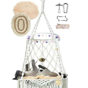 KARCEEY Hanging Cat Hammock Bed 9 Pcs Macrame Cat Swing Bed Macrame Hanging Cat Bed, with 2 Catnip Mat Bed