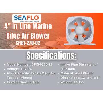 SEAFLO 4 Inch Marine Bilge Blower 12V 270 CFM Airflow
