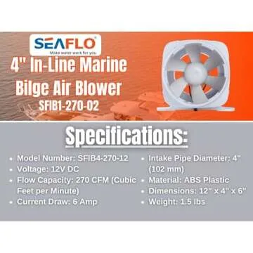 SEAFLO 4 Inch Marine Bilge Blower 12V 270 CFM Airflow