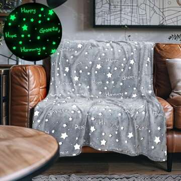 Glow in The Dark Throw Blanket,Super Soft Cozy Furry Plush Fleece Blanket Decorated with Stars and Words of Healing, Birthday Gift for Girls Boys Kids Teens Grandkids Toddler, Gray,50"x 60"