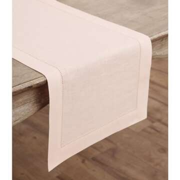 Solino Home Pink Linen Table Runner 90 Inches Long – 100% Pure Linen Classic Hemstitch Table Runne...