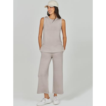 ANRABESS Women's 2 Piece Sets Summer Outfits Sleeveless Wide Leg Tracksuits Casual Sweat Sets Lounge Sweatsuits Light Khaki Large