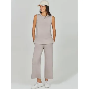 ANRABESS Women's 2 Piece Sets Summer Outfits Sleeveless Wide Leg Tracksuits Casual Sweat Sets Lounge Sweatsuits Light Khaki Large