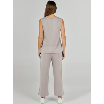 ANRABESS Women's 2 Piece Sets Summer Outfits Sleeveless Wide Leg Tracksuits Casual Sweat Sets Lounge Sweatsuits Light Khaki Large