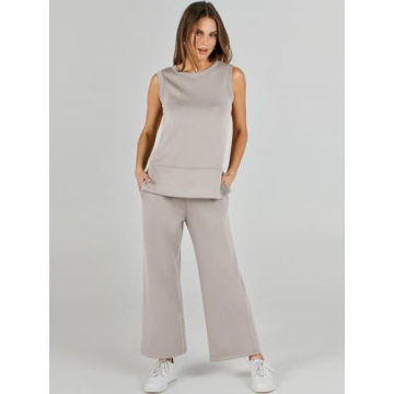 ANRABESS Women's 2 Piece Sets Summer Outfits Sleeveless Wide Leg Tracksuits Casual Sweat Sets Lounge Sweatsuits Light Khaki Large