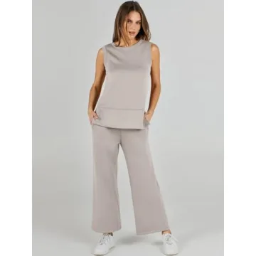 ANRABESS Women's 2 Piece Sets Summer Outfits Sleeveless Wide Leg Tracksuits Casual Sweat Sets Lounge Sweatsuits Light Khaki Large