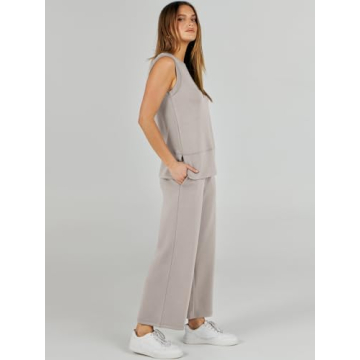 ANRABESS Women's 2 Piece Sets Summer Outfits Sleeveless Wide Leg Tracksuits Casual Sweat Sets Lounge Sweatsuits Light Khaki Large