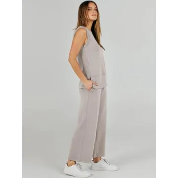 ANRABESS Women's 2 Piece Sets Summer Outfits Sleeveless Wide Leg Tracksuits Casual Sweat Sets Lounge Sweatsuits Light Khaki Large