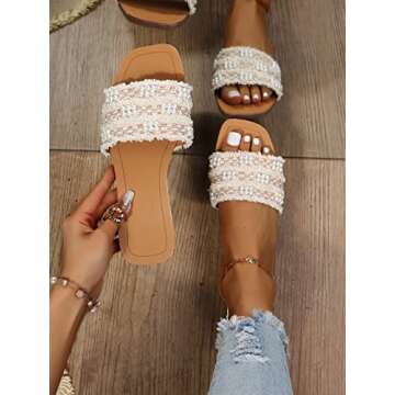 GORGLITTER Women's Summer Beach Sandals Color Block Faux Pearls Decor Leather Flat Sandals Beige and...