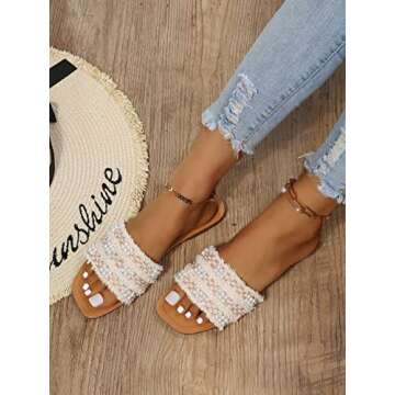 GORGLITTER Women's Summer Beach Sandals Color Block Faux Pearls Decor Leather Flat Sandals Beige and Brown CN35