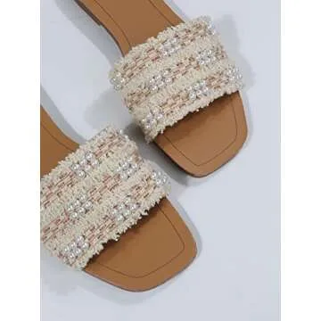 GORGLITTER Women's Summer Beach Sandals Color Block Faux Pearls Decor Leather Flat Sandals Beige and Brown CN35