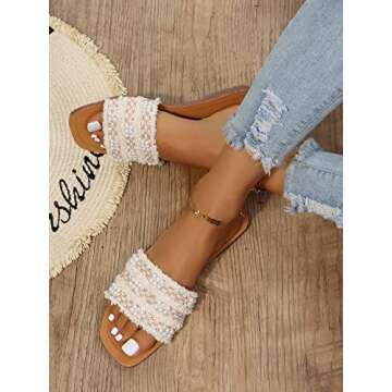 GORGLITTER Women's Summer Beach Sandals Color Block Faux Pearls Decor Leather Flat Sandals Beige and Brown CN35