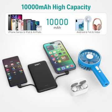 LJEHC Slim Power Bank with Built in Cable,Ultra Compact Lightweight Portable Charger 10000mAh,Small Fast Charging USB C Travel External Battery Pack Clutch Charger for iPhone, Samsung,Android