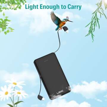 LJEHC Slim Power Bank with Built in Cable,Ultra Compact Lightweight Portable Charger 10000mAh,Small Fast Charging USB C Travel External Battery Pack Clutch Charger for iPhone, Samsung,Android