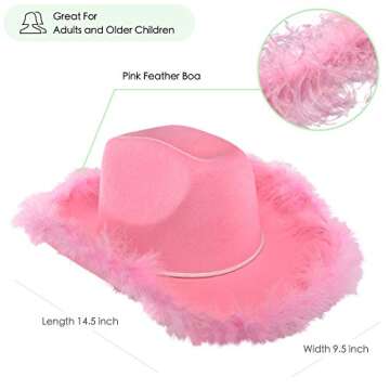 6 Pack Pink Cowboy Hat for Women | Cowgirl Hat with Pink Feather Boa | Country, Rodeo Western Cowgirl Hats for Girls, Adult Light-Up Cowboy Hat for Dress-Up, Bachelorette Parties & Play Costume