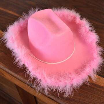6 Pack Pink Cowboy Hat for Women | Cowgirl Hat with Pink Feather Boa | Country, Rodeo Western Cowgirl Hats for Girls, Adult Light-Up Cowboy Hat for Dress-Up, Bachelorette Parties & Play Costume