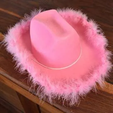 6 Pack Pink Cowboy Hat for Women | Cowgirl Hat with Pink Feather Boa | Country, Rodeo Western Cowgirl Hats for Girls, Adult Light-Up Cowboy Hat for Dress-Up, Bachelorette Parties & Play Costume