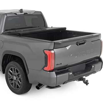 Rough Country Hard Tri-Fold Flip Up Truck Bed Tonneau Cover for Toyota Tundra (2022-2025) - Fits 5'7" (66.7") Bed, All-Weather, Flush Aluminum Panels