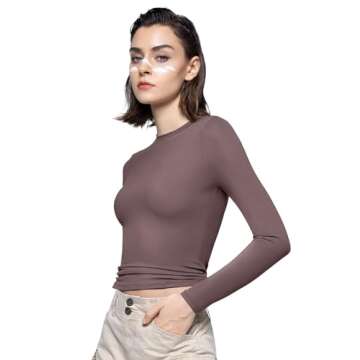 PUMIEY Long Sleeve Shirts for Women Crew Neck Slim Fit Tops Sexy Basic Tee, Pimento X-Small