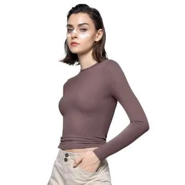 PUMIEY Long Sleeve Shirts for Women Crew Neck Slim Fit Tops Sexy Basic Tee, Pimento X-Small