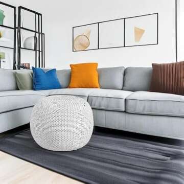 Urban Lifestyle Round Knit Pouf - Hand Woven Cotton, Ivory