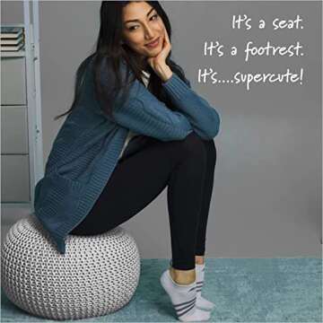 Urban Lifestyle Round Knit Pouf - Hand Woven Cotton, Ivory