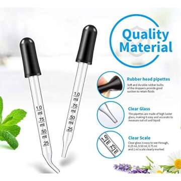 Eye Dropper for Essential Oils, Pipettes Dropper with Black Rubber Head, Calibrated Thick Glass Medicine Dropping Pipettes, 1ml Dropper Measurer, Dropper for Liquids, Straight-Tip, Bent-Tip, 5 Packs