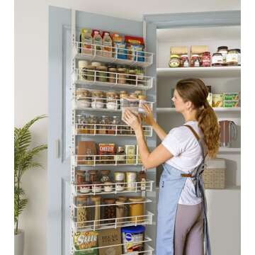 Mefirt Over The Door Pantry Organizer, Wall Mount Spice Rack, Pantry Hanging Storage and Organization, 8 Adjustable Baskets Heavy-Duty Metal for Home & Kitchen, Back of Door Seasoning Rack - White