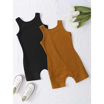 MakeMeChic Girl's 2pack Sleeveless Romper Summer Short Jumpsuit Scoop Neck Ribbed Kint Rompers Black and Ginger 90