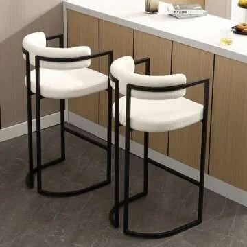 QUINJAY 30Inch Sherpa Bar Stools Set of 2, Modern White Barrel Bar Stools with Comfy Back, Upholstered High Dining Chairs with Black Leg Boucle Kitchen Bar Chairs for Dining Room/Kitchen Island/Bar