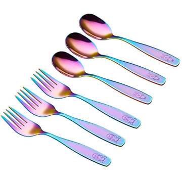 ANNOVA Kids Silverware Children's Safe Flatware Set Stainless Steel - Children Forks, Children Tablespoons, Toddler Utensils, Metal Cutlery Set for LunchBox (Rainbow, 6)