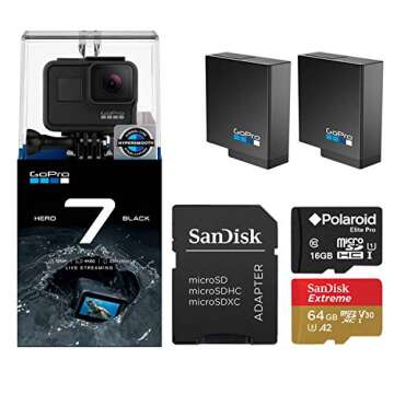 GoPro Hero 7 Black Edition with Two Extra USA Batteries + Sandisk Extreme 64GB MicroSD + Free Polaroid 16GB MicroSD (80GB Total)