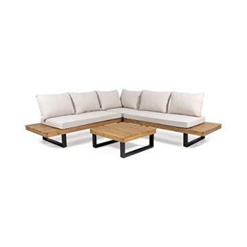 Christopher Knight Home Jerome Outdoor Acacia Wood 5 Seater Sofa Sectional - Teak & Beige