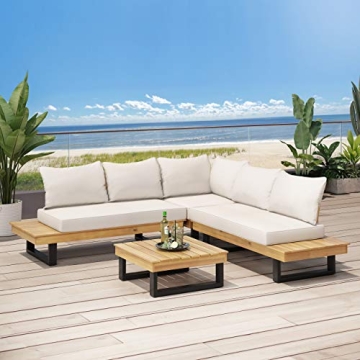 Durable Outdoor Acacia Wood 5 Seater Sofa Sectional Teak Beige