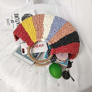 YYW Women Straw Bag,Colorful Hand-woven Rattan Tote Clutch Handle Bag Retro Summer Beach Tote Bags Wicker Bags