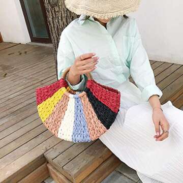 YYW Women Straw Bag,Colorful Hand-woven Rattan Tote Clutch Handle Bag Retro Summer Beach Tote Bags Wicker Bags
