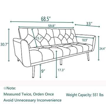 Morden Fort Velvet Futon Sofa Bed for Living Room, 68" Convertible 3 Adjustable Couch Loveseat with Metal Leg Pink