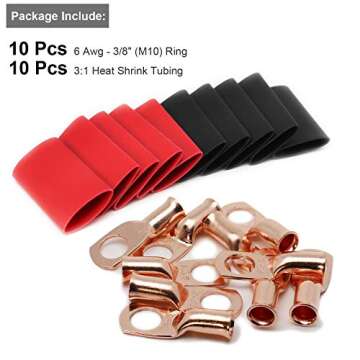 10pcs 6 AWG-3/8" Ring Copper Battery Lugs Wire Lugs,Heavy Duty Battery Cable Ends,AWG Crimp Wire Rin...