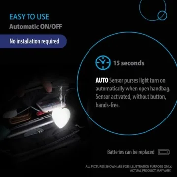 Deke Home - Heart Form Purse Light, Handbag Light, Purse Motion Sensor Light, Automatic On/Off Motion Night Light, Backpack Light, Purse Organizer, Purse Accessories.