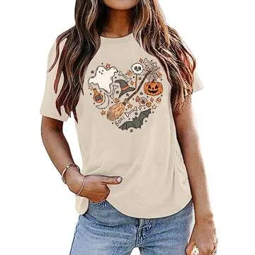 Halloween Doodles Shirt for Women - Cute Vintage Graphic Tee for Fall Parties