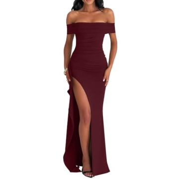 LAGSHIAN Women's Elegant Bodycon Off Shoulder Sleeveless High Split Ruched Long Formal Evening Dress...