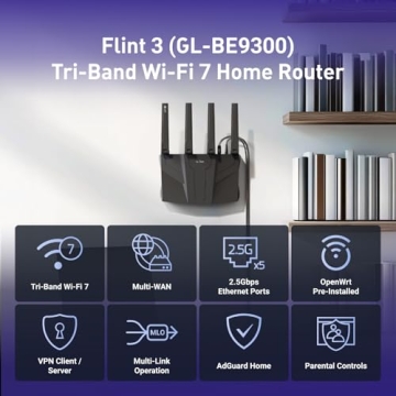 GL.iNet Flint 3 Tri-Band WiFi 7 Router - High-Speed 6GHz Gaming Router with VPN Functionality